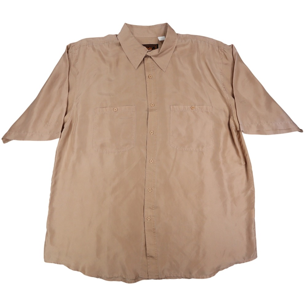 AFMK Collection by Moda Shirt Mens XL Tan 100% Silk Short Sleeve Button Down